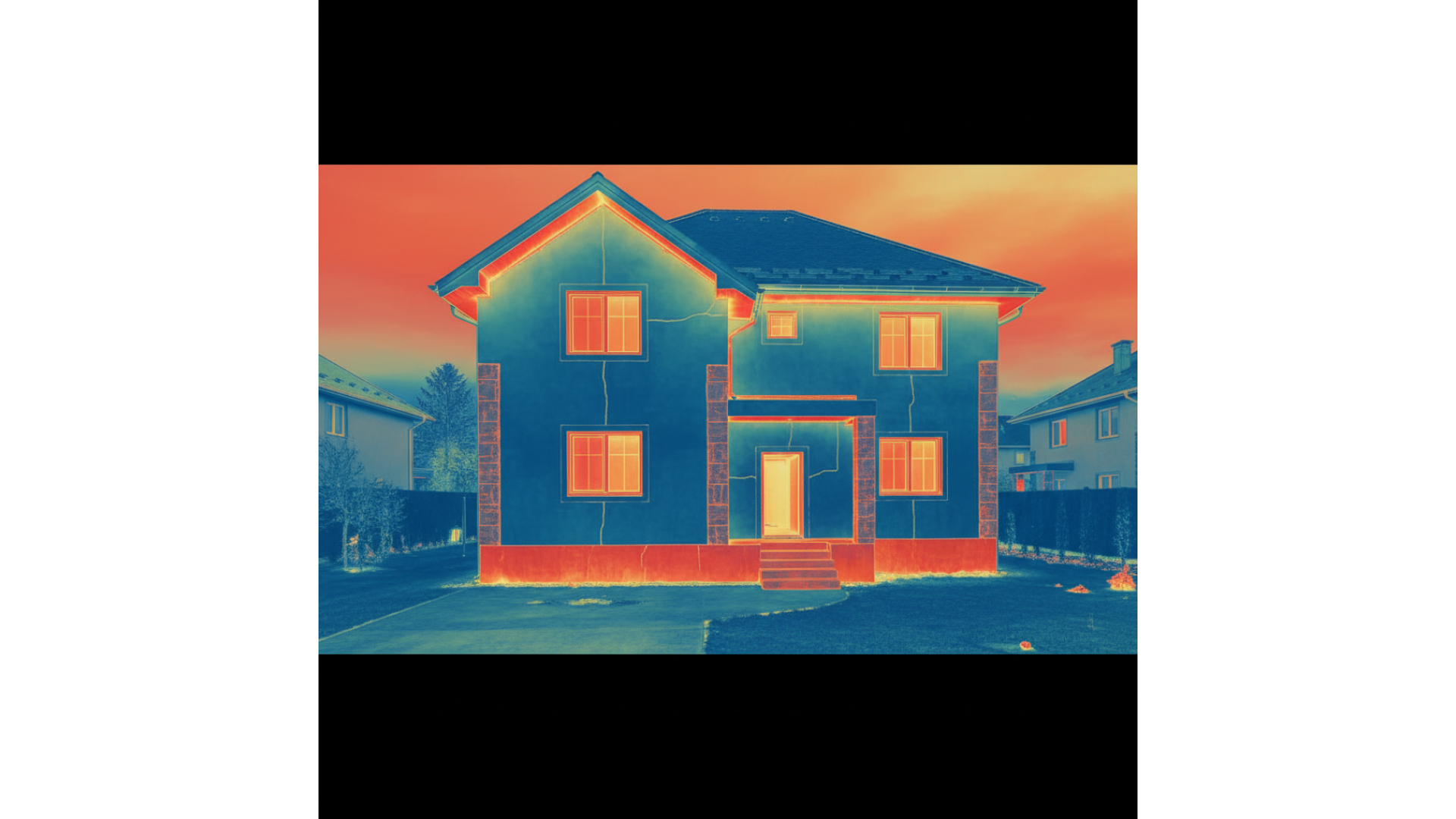 Vedere termografică a casei izolate cu spumă poliuretanică — eficiență energetică și barieră termică continuă