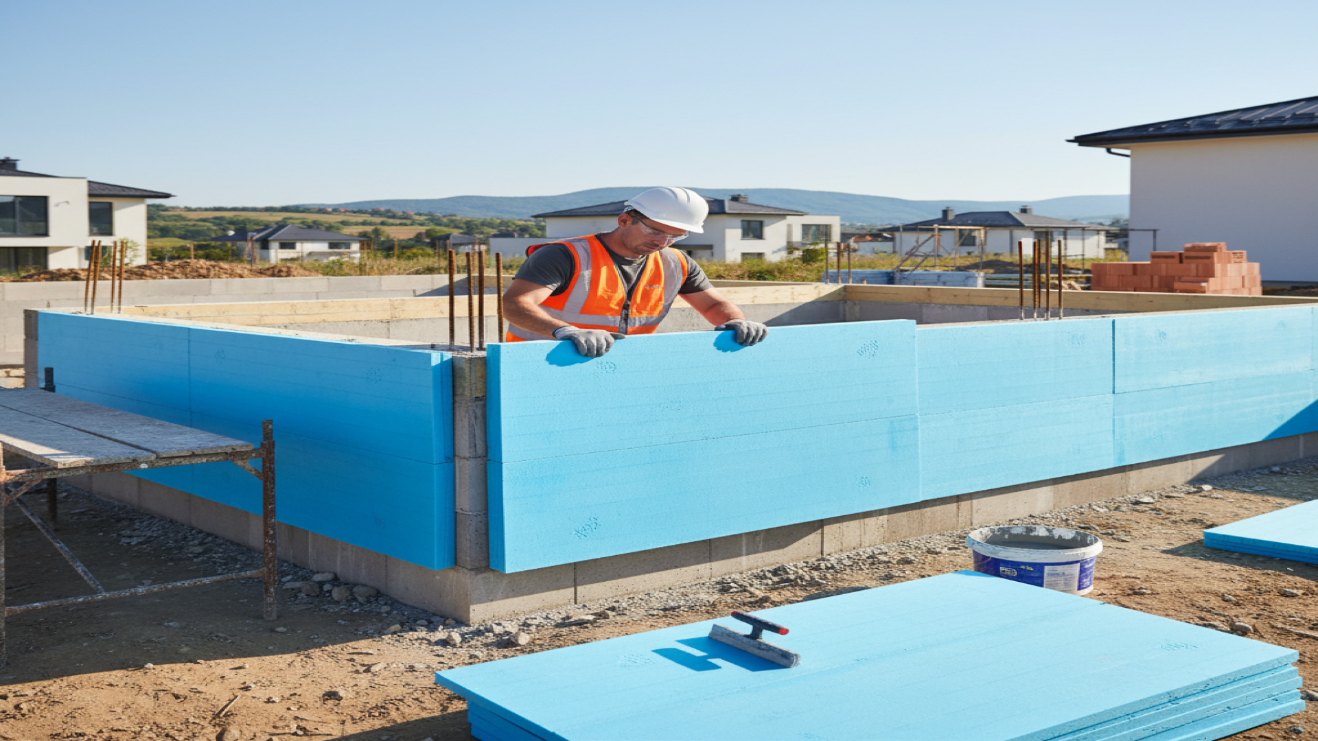 Worker installing XPS on foundation