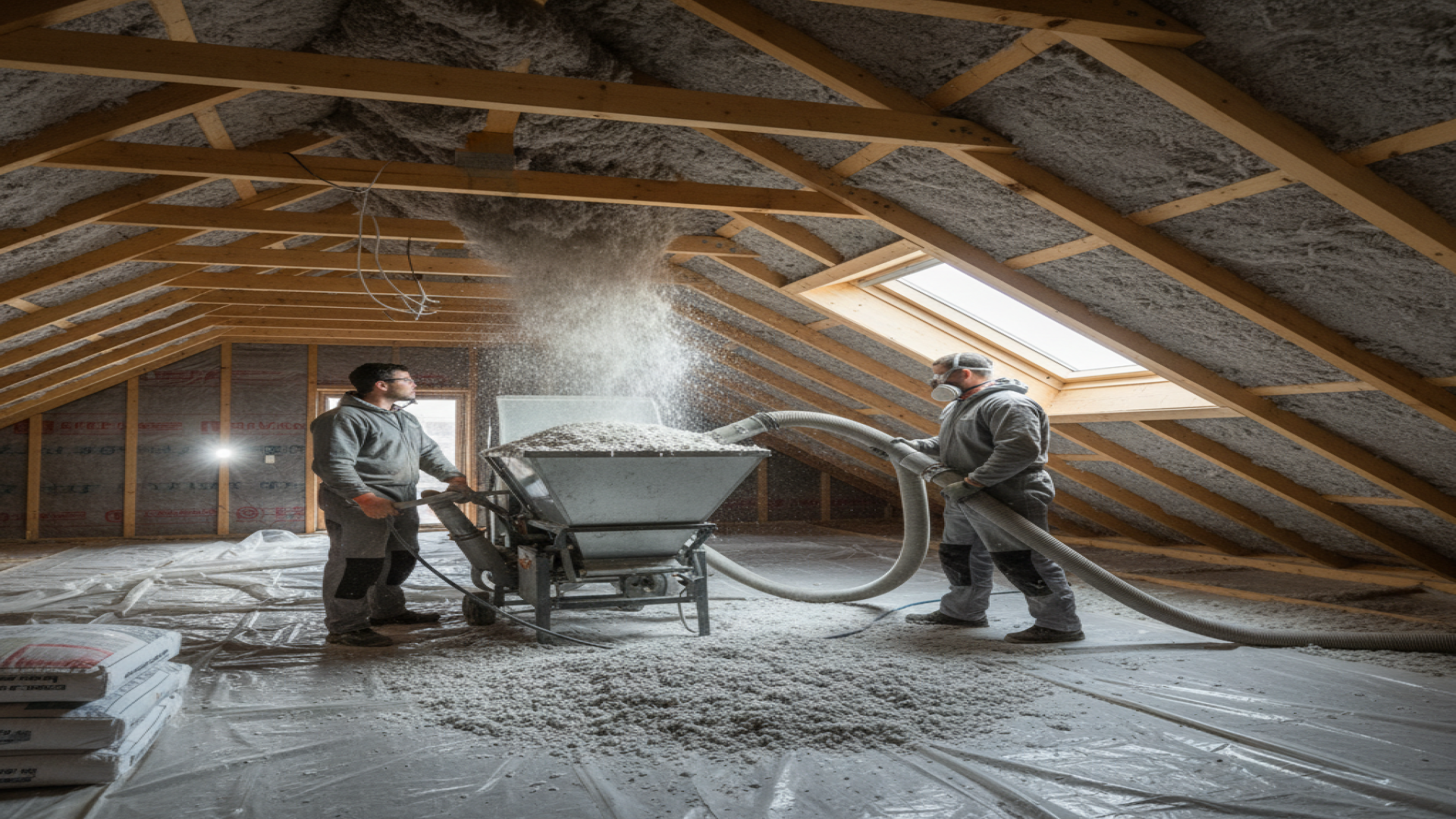 Machine blowing cellulose into attic