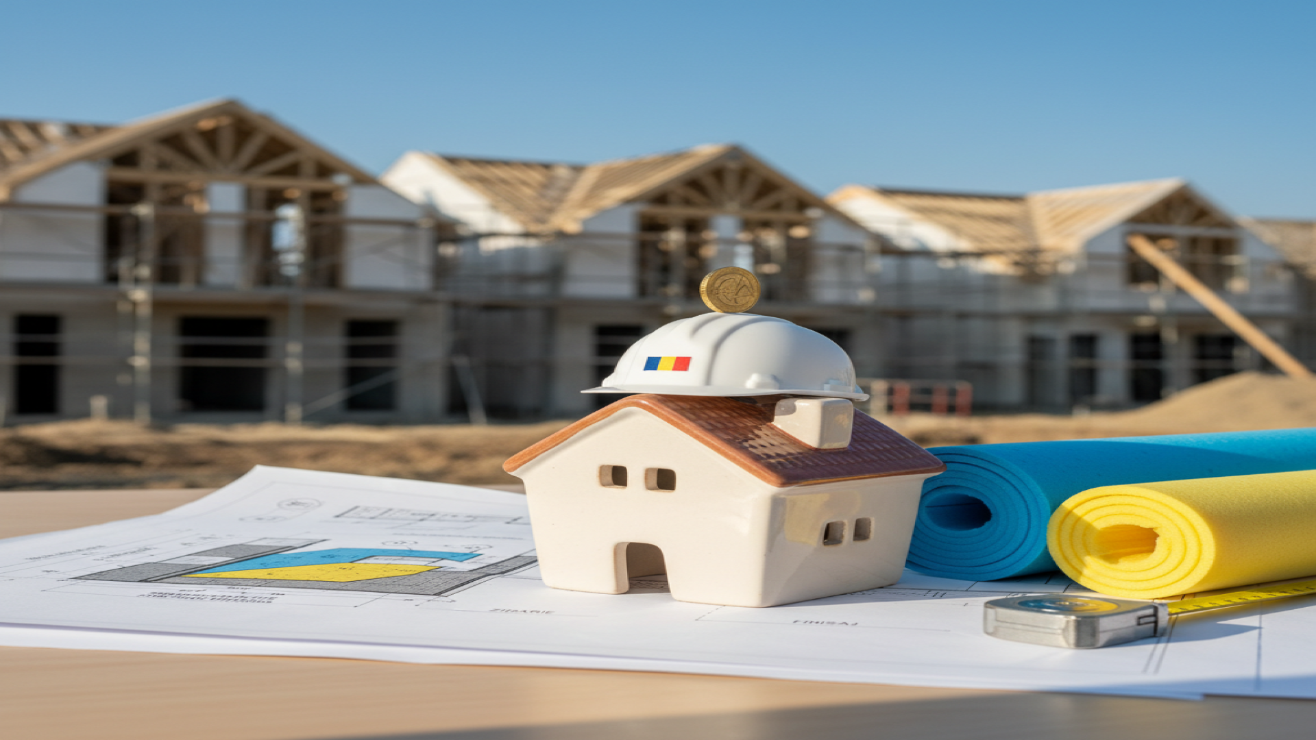 Piggy bank with helmet on blueprints