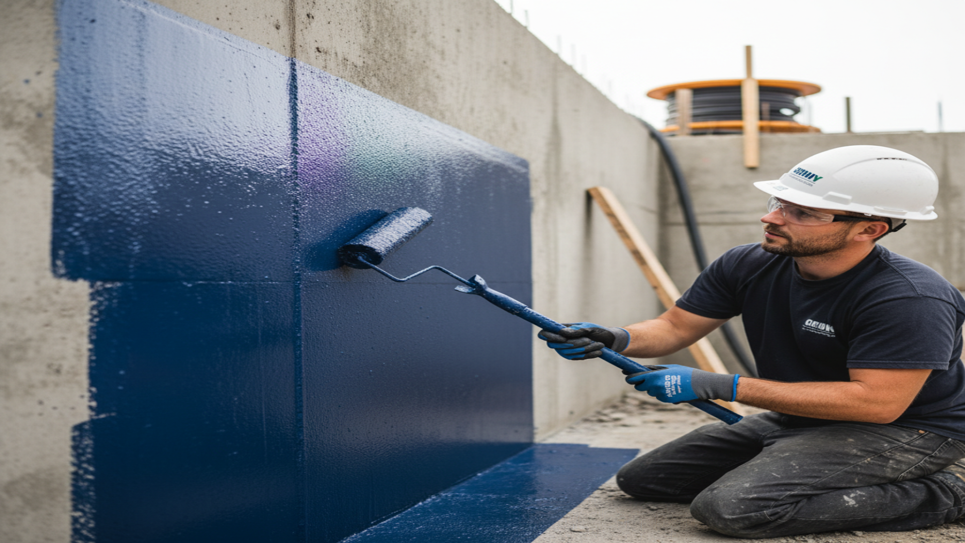 Worker applying blue liquid waterproofing