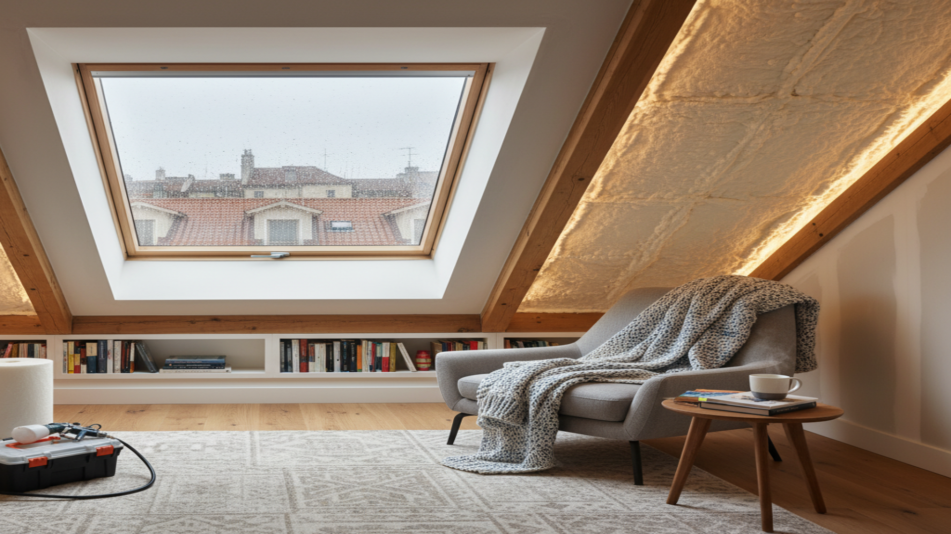 Cozy attic reading nook, rain