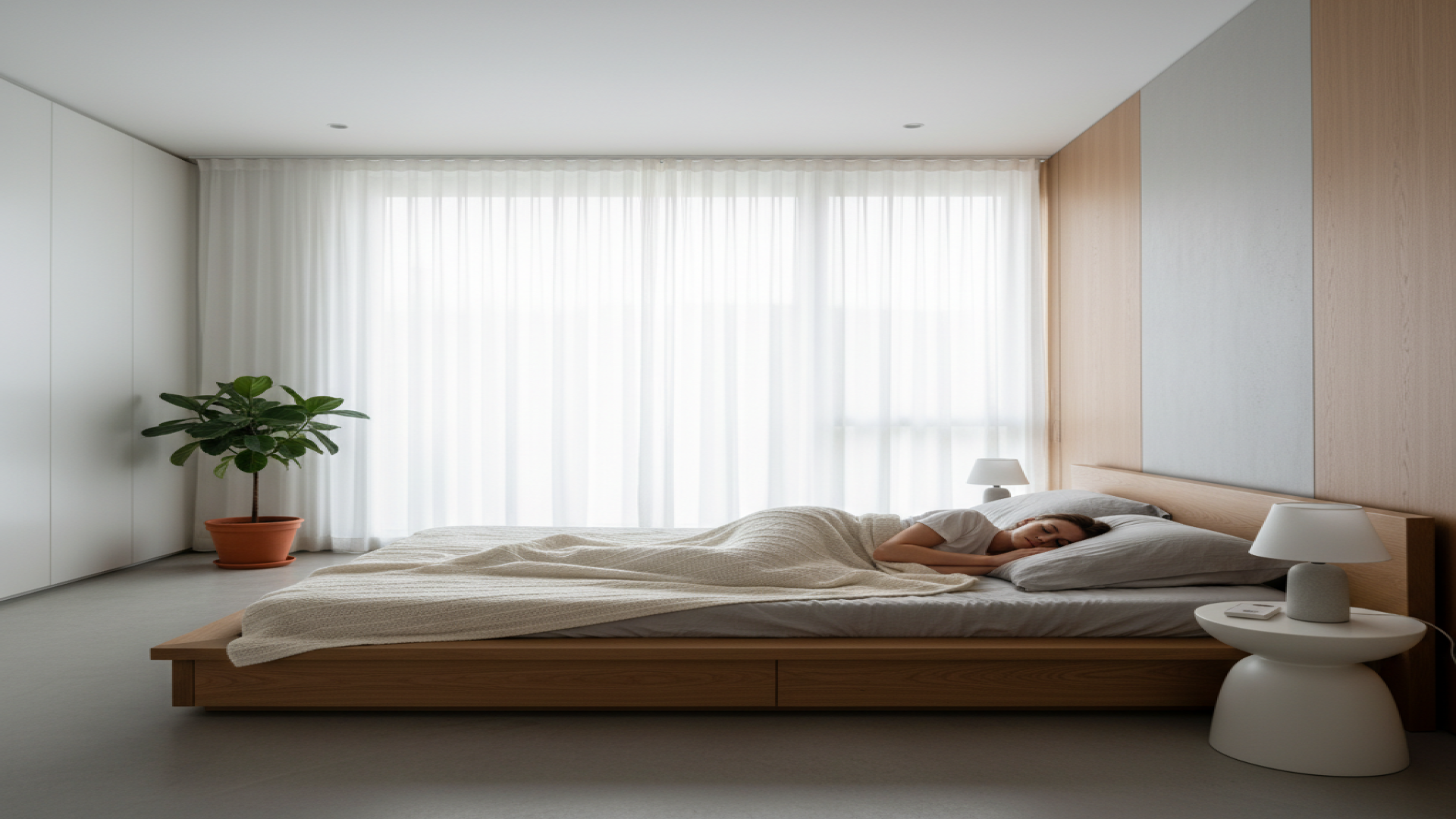 Person sleeping, city outside window