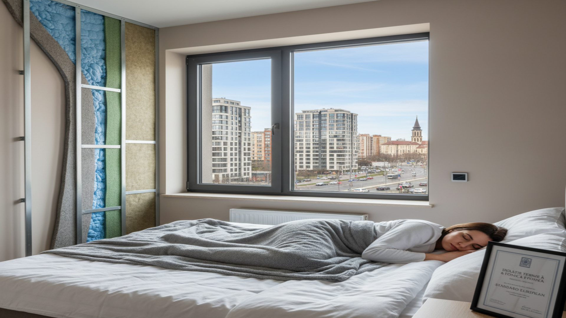 Person sleeping, city outside window