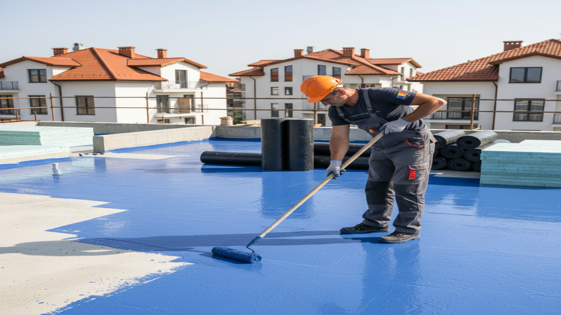Worker applying blue liquid waterproofing
