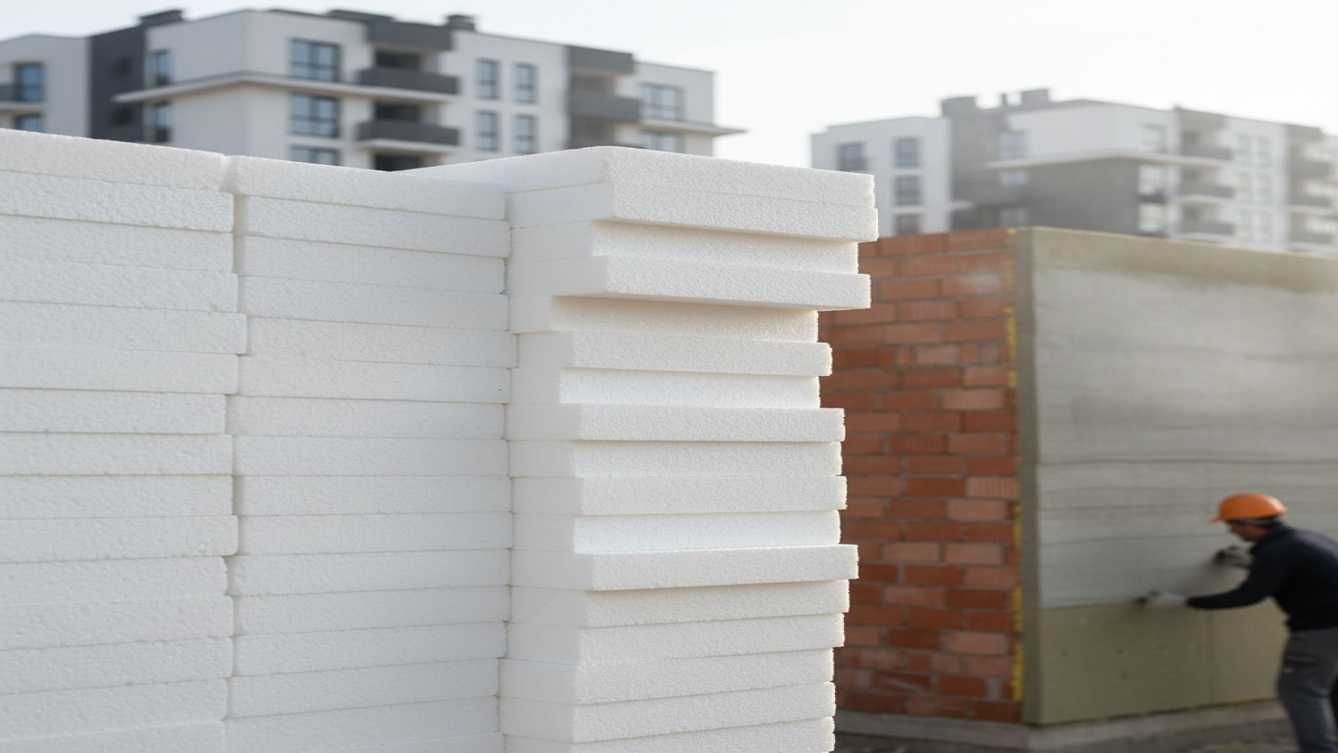 Stack of white EPS polystyrene boards