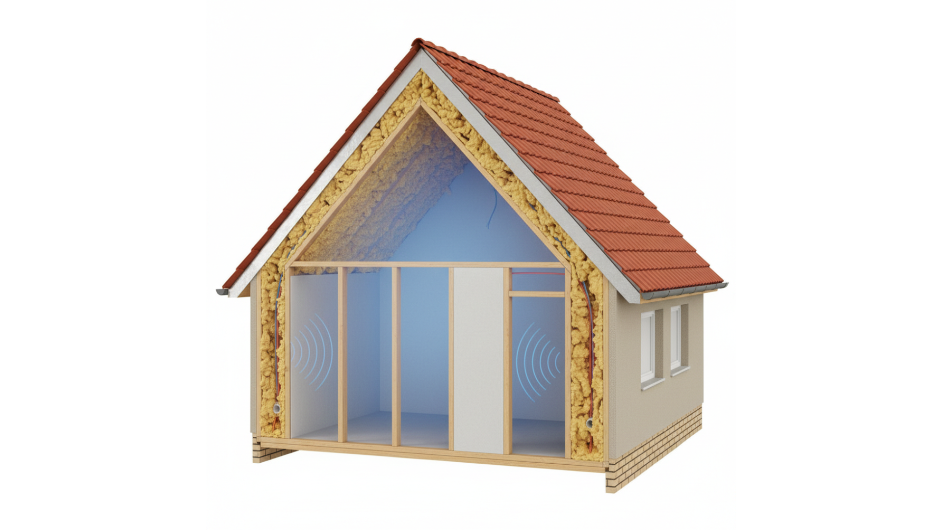 Secțiune perete cu izolație spumă poliuretanică — confort termic și fonic uniform