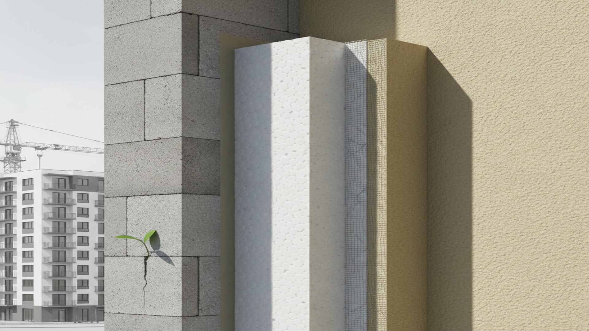 Worker sanding polystyrene wall, dust